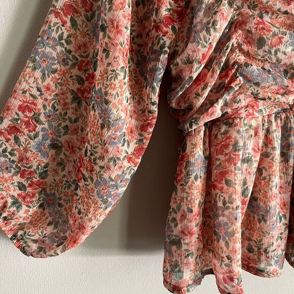 American Eagle Floral Smocked Peplum Top M Puff Sleeve Cottagecore Boho - Picture 3 of 8